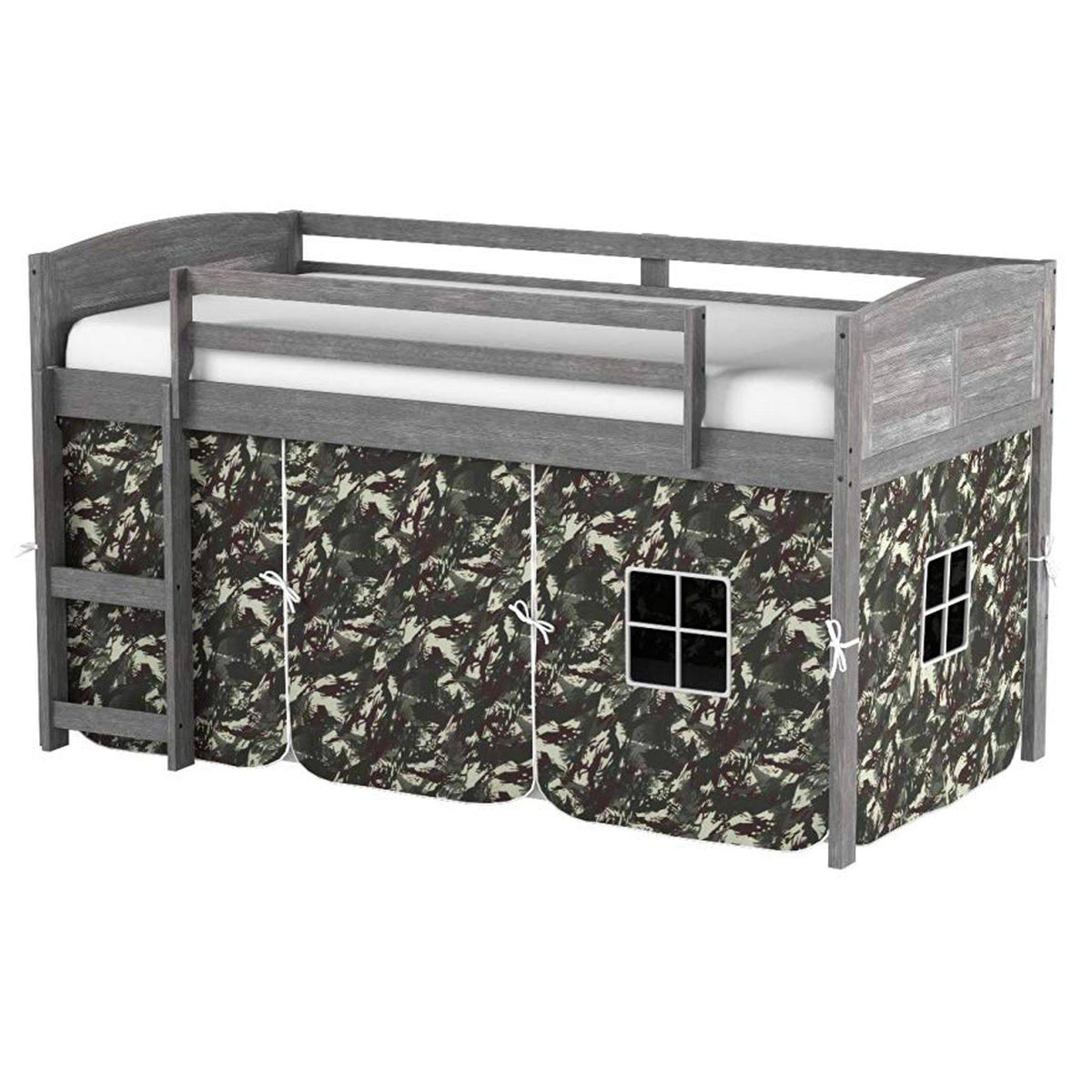Antique Grey Twin Low Loft Bed with Camo Tent Z311