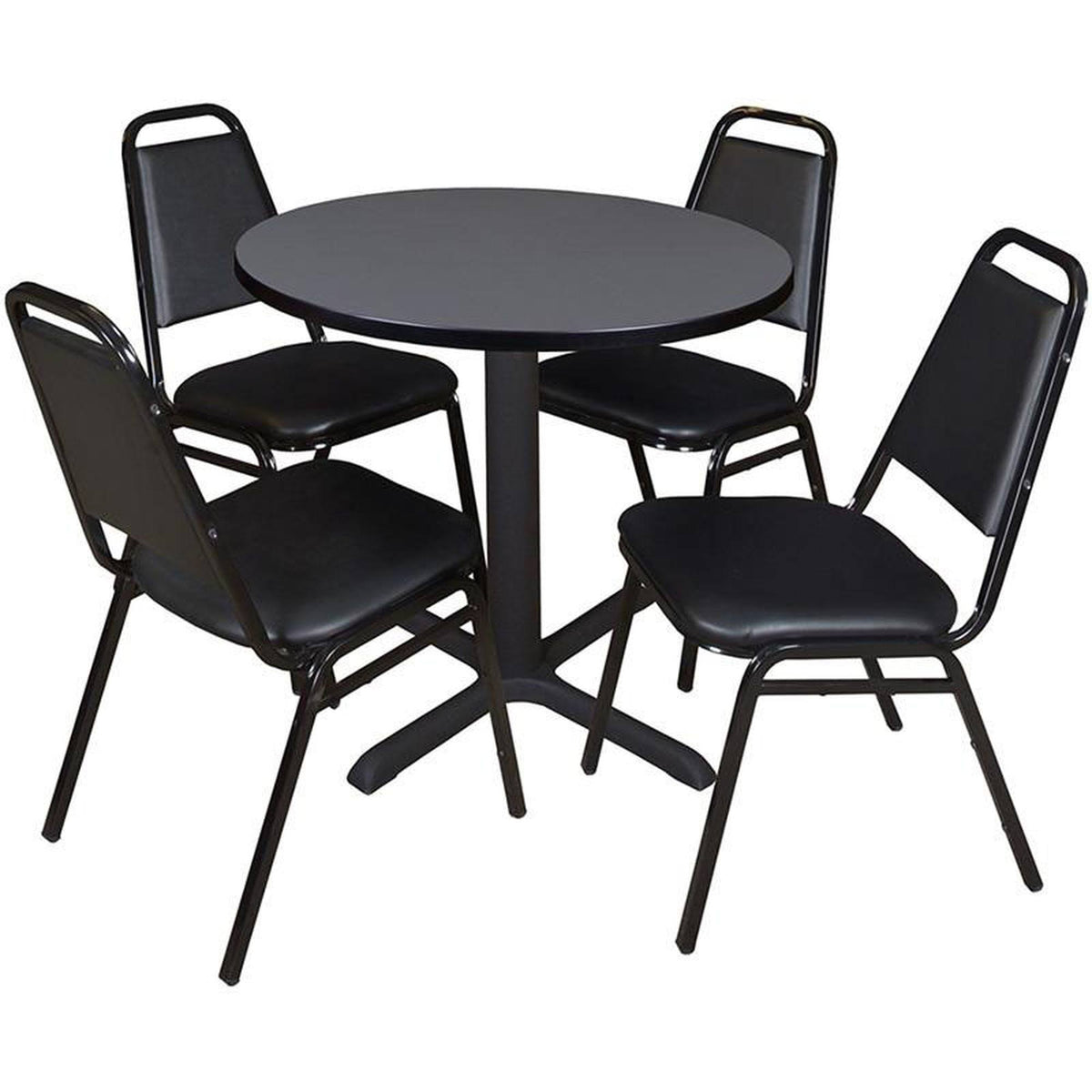 30x22 Round Breakroom Table Grey and 4 Restaurant Stack Chairs Black X48136