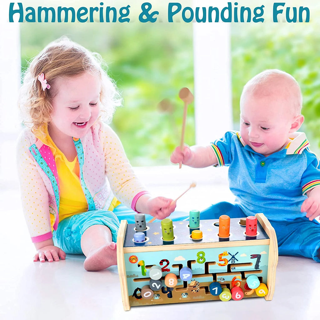Wooden Hammering Pounding Toy with Pounding Bench, Xylophone, Number Sorting Maze E4157
