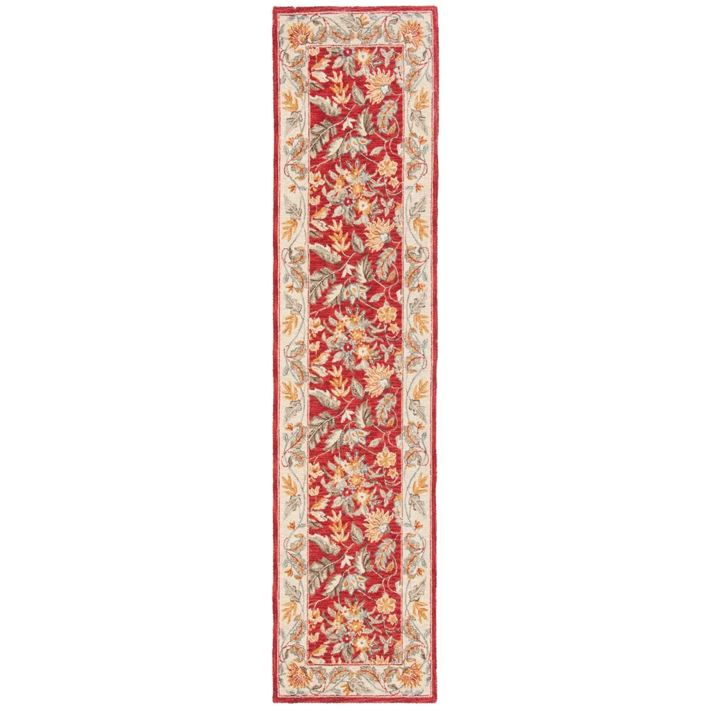 Red Floral Wool Runner Rug B900525