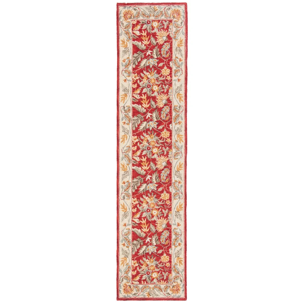 Red Floral Wool Runner Rug B900525