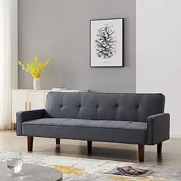 Dark Grey 3-Seat Linen Sofa Bed with 4 Solid Wood Legs O75853