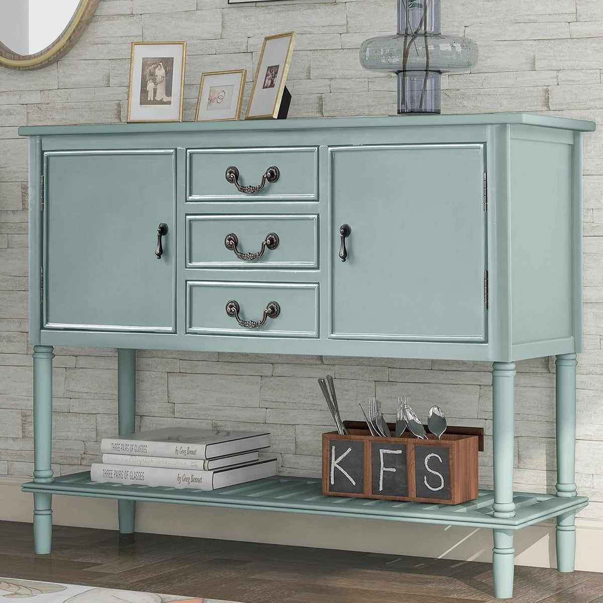 Green Wood Console Sofa Table with Drawers and Open Shelf M976182