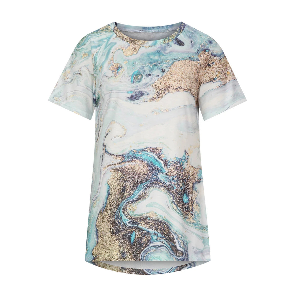 Abstract Marble Print T-Shirt Short Sleeve Blouse Loose Flowy Long Tees Plus Size W286