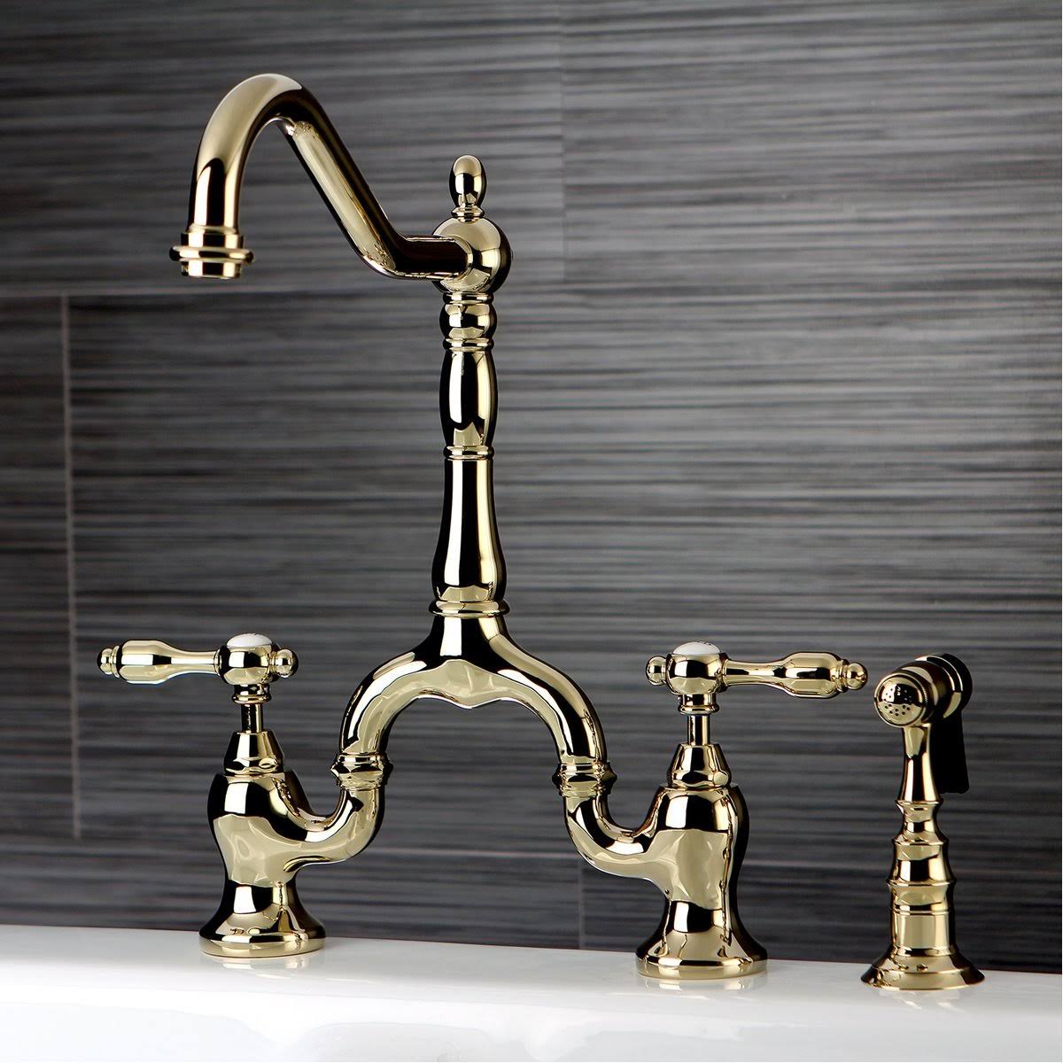 Oil Rubbed Bronze Bridge Kitchen Faucet with Brass Sprayer Z619538