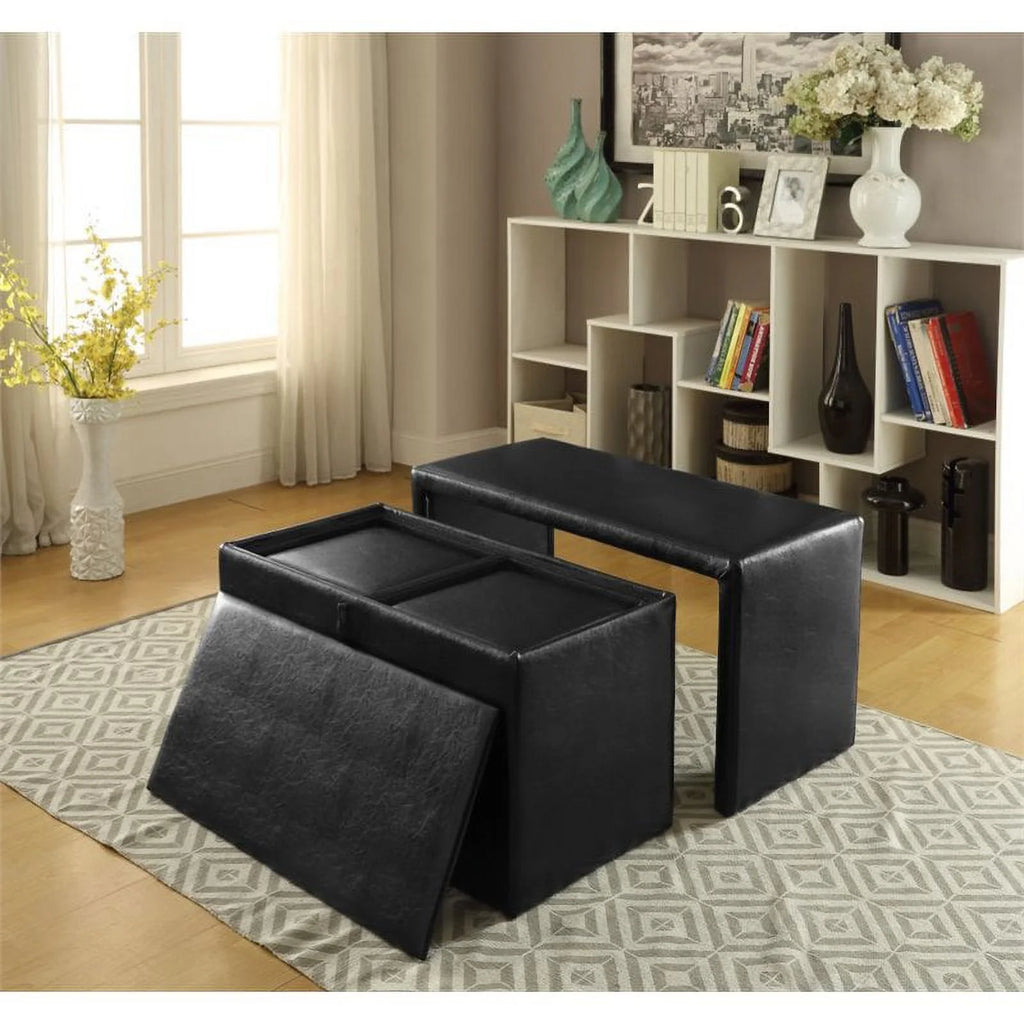 Faux Leather Bench and Ottoman Set in Dark Brown C464