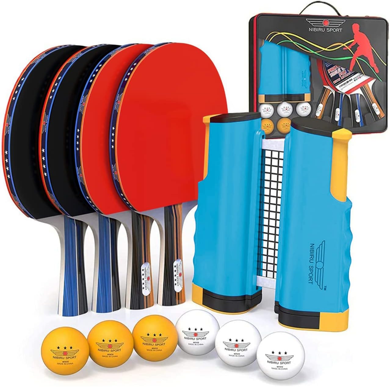 Ping Pong Paddles Set with Retractable Net and Storage Case, Pack of 2 R48100