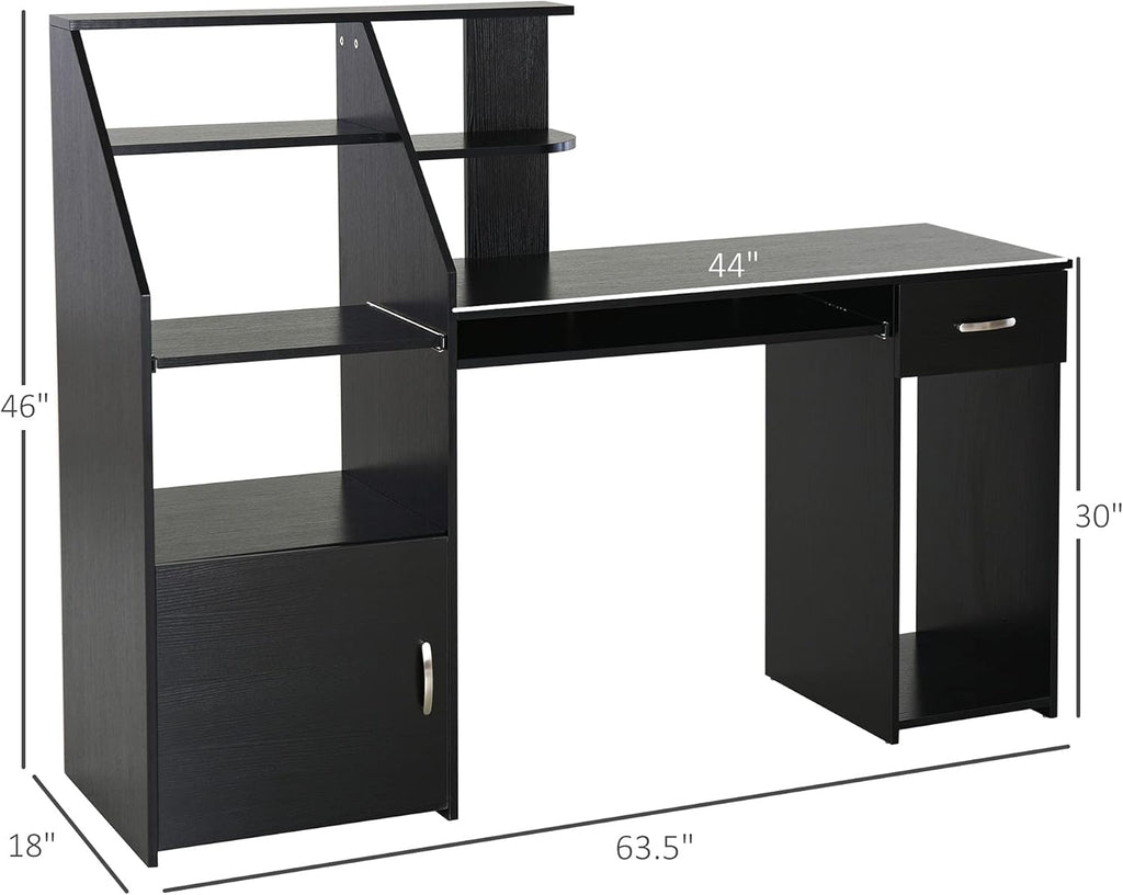 Black Wood Grain Computer Desk with Sliding Keyboard and Storage Shelves O4189