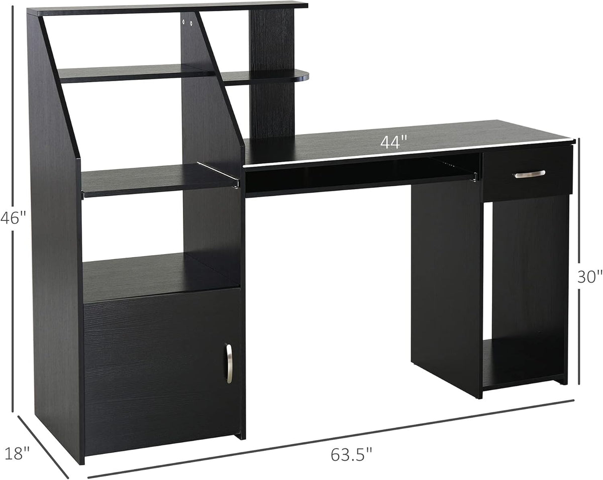Black Wood Grain Computer Desk with Sliding Keyboard and Storage Shelves O4189