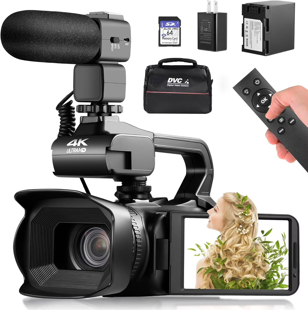 4k Video Camera Camcorder with 18X Digital Zoom, 64MP, 4.0-inch Rotating Touchscreen, 64GB SD Card, Black C864