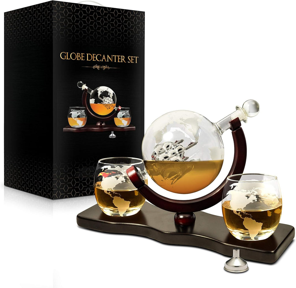 Globe Whiskey Decanter Set with 2 Glasses, 28 oz O9402