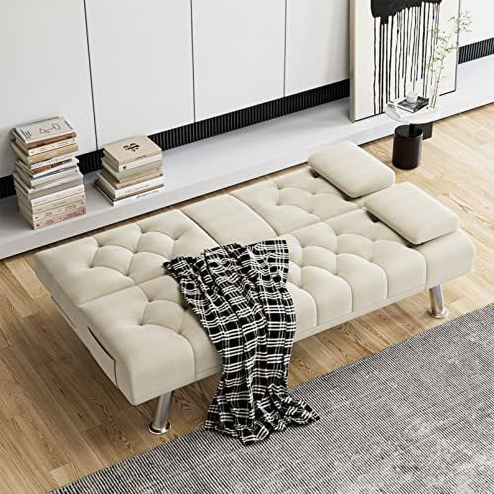 Dark Grey Upholstered Convertible Futon Sofa Bed with Metal Legs P141078