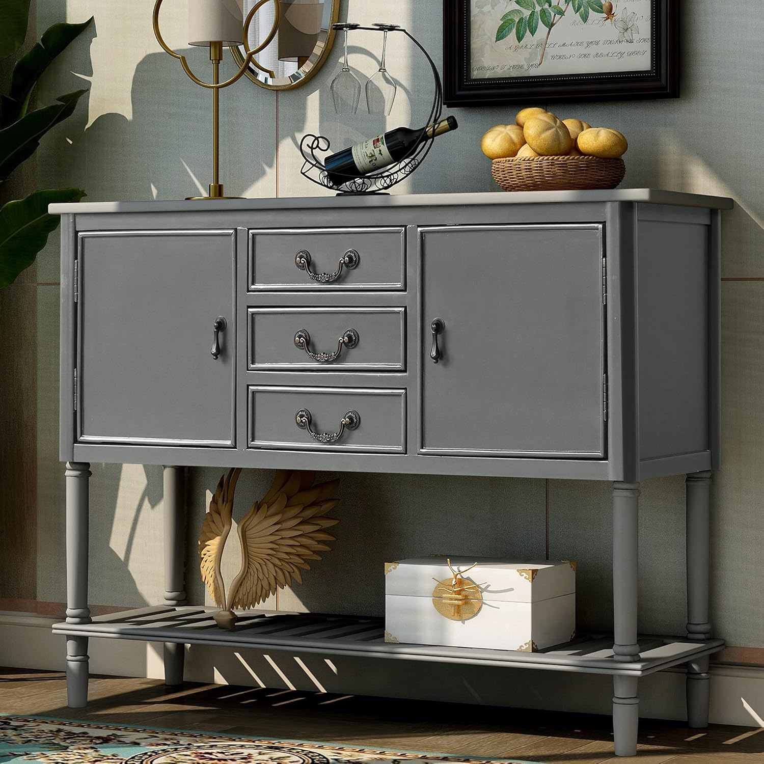 Green Wood Console Sofa Table with Drawers and Open Shelf M976182