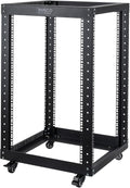 18U 4 Post Open Frame Server Rack with Brake Casters Black Q697888