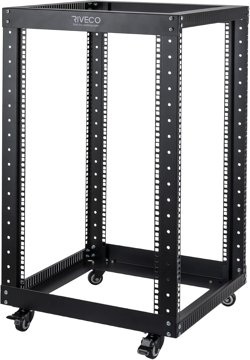 18U 4 Post Open Frame Server Rack with Brake Casters Black Q697888
