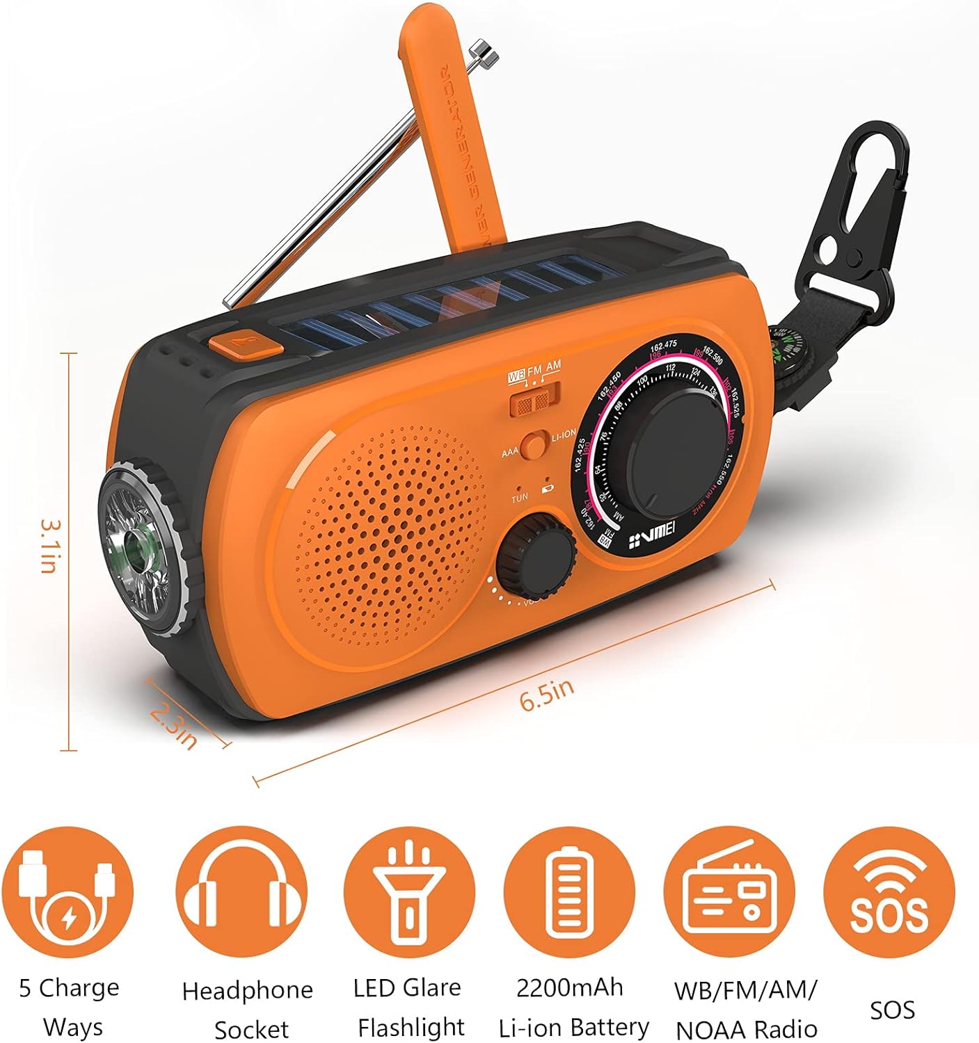 2200mAh Portable Hand Crank Solar Emergency Weather Radio, NOAA/AM/FM, Power Bank, Flashlight, Orange, Pack of 2 Z1463