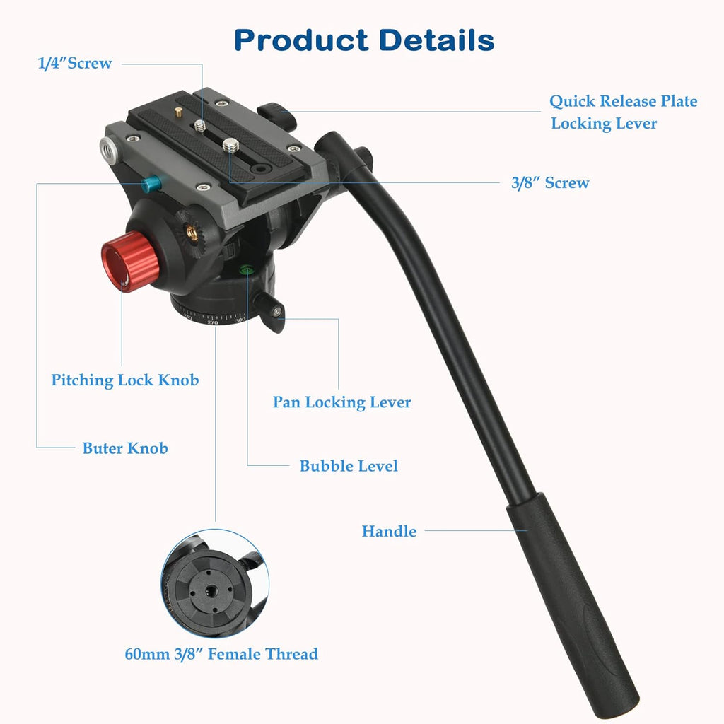 Heavy Duty Video Camera Tripod Fluid Drag Pan Head with 1/4” and 3/8” Screws QR Plate, Max Loading 13.2lbs, Pack of 2 W281791