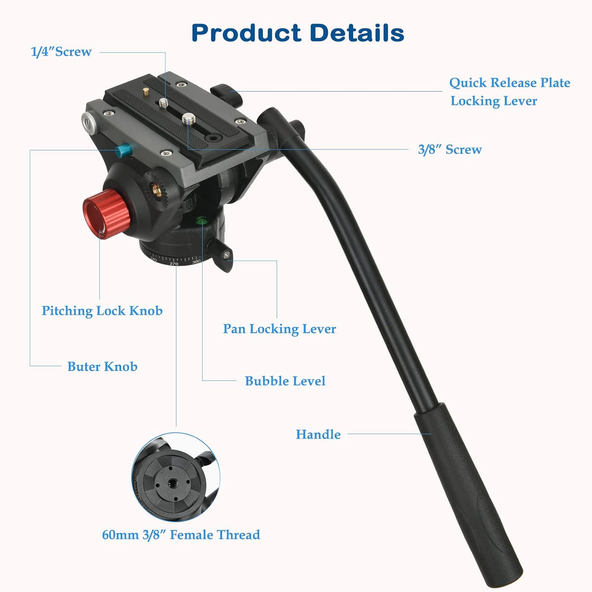 Heavy Duty Video Camera Tripod Fluid Drag Pan Head with 1/4” and 3/8” Screws QR Plate, Max Loading 13.2lbs, Pack of 2 W281791