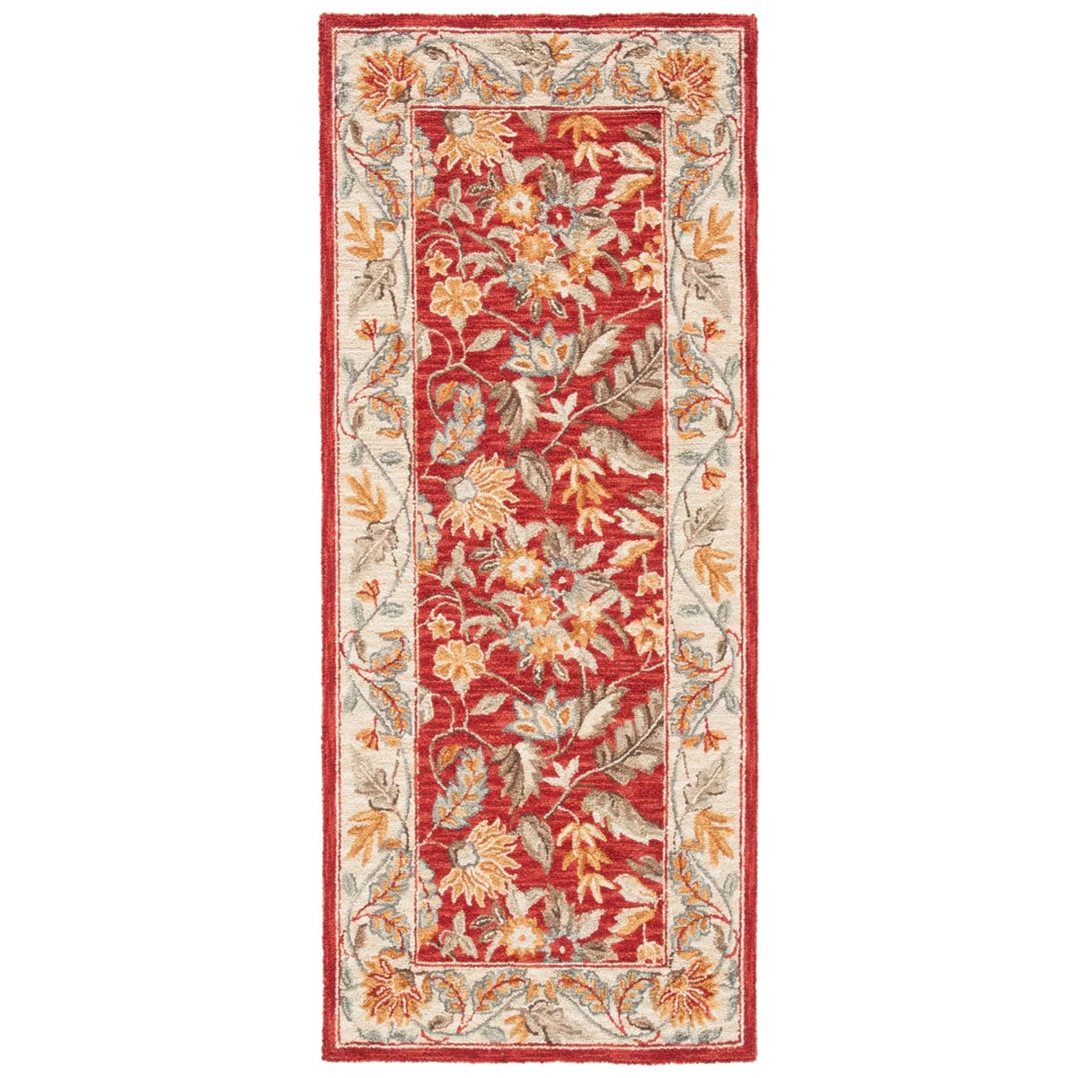 Red Floral Wool Runner Rug B900525