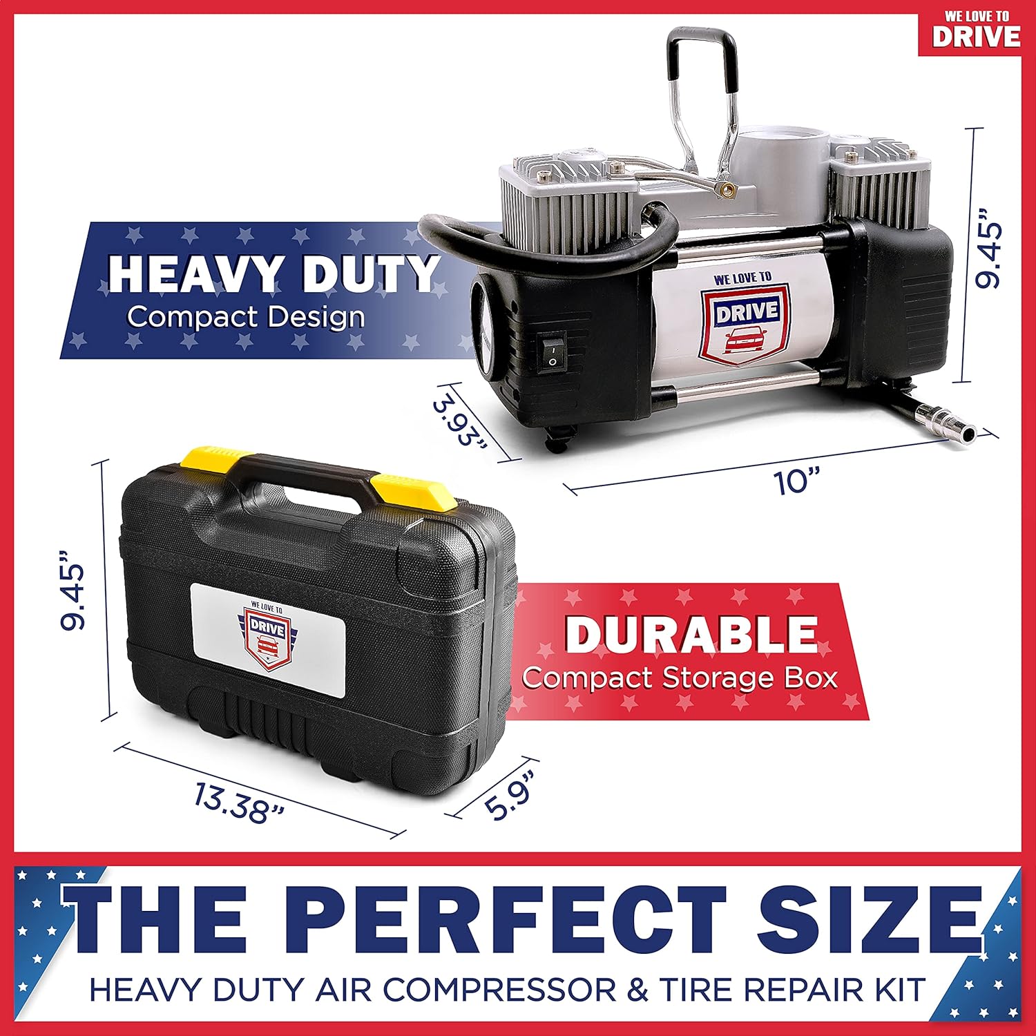 Portable Air Compressor Tire Inflator with Tire Repair Kit, 12V DC Air Pump, 150 PSI Gauge, Carry Case, Pack of 2 P969