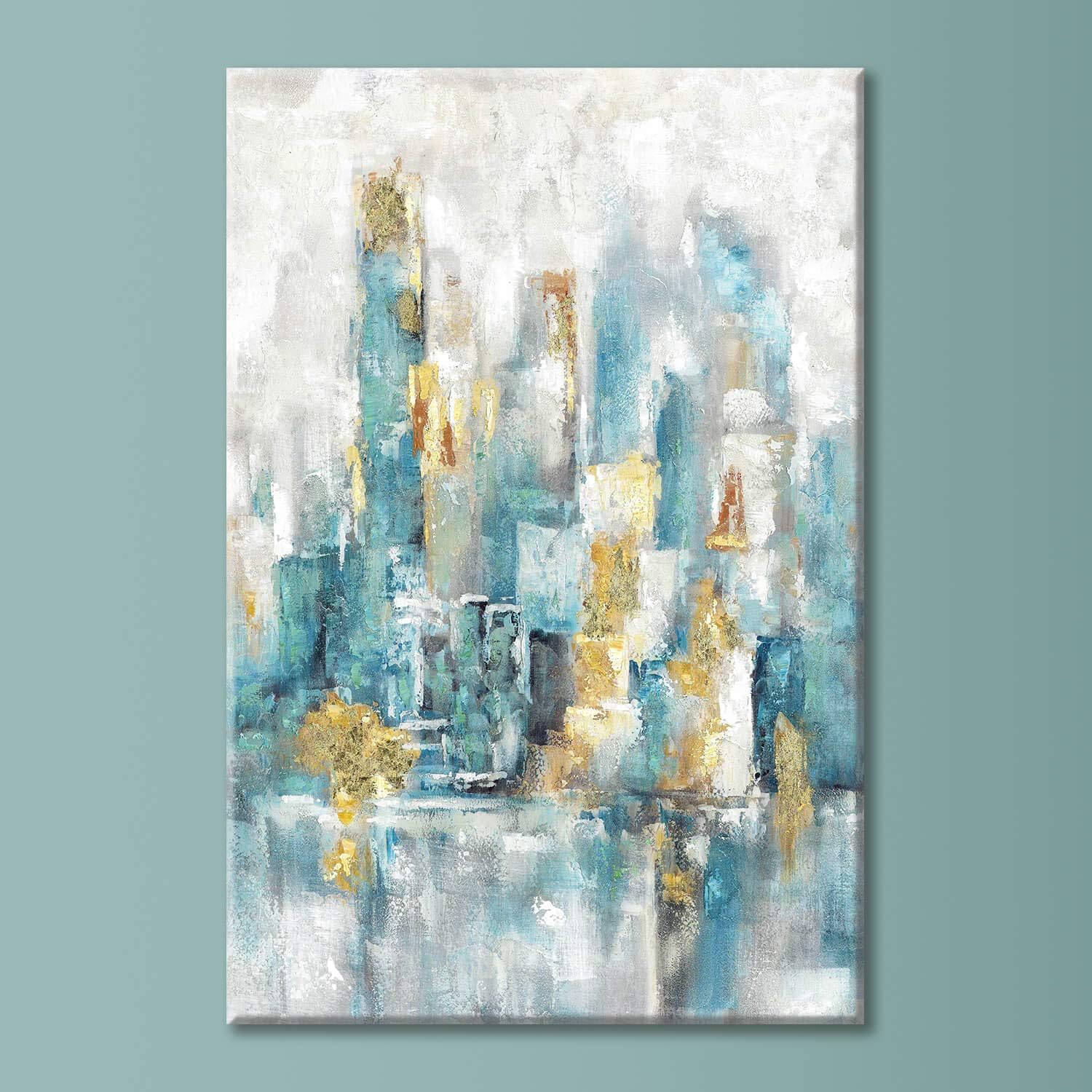 Blue Hand Painted Canvas Cityscape Wall Art, 24'' x 24'' + 24'' x 12'' x 2 Panels W788