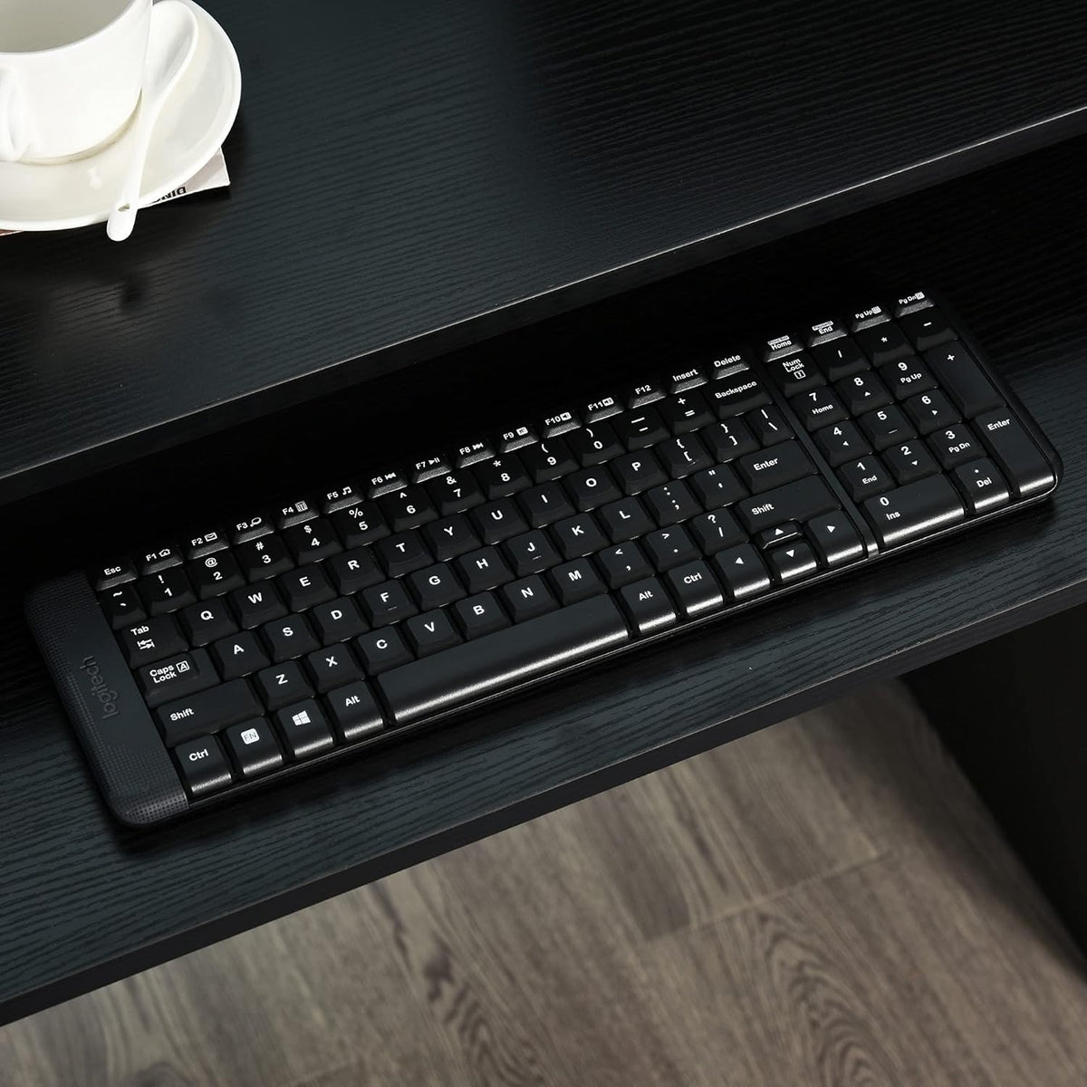 Black Wood Grain Computer Desk with Sliding Keyboard and Storage Shelves O4189