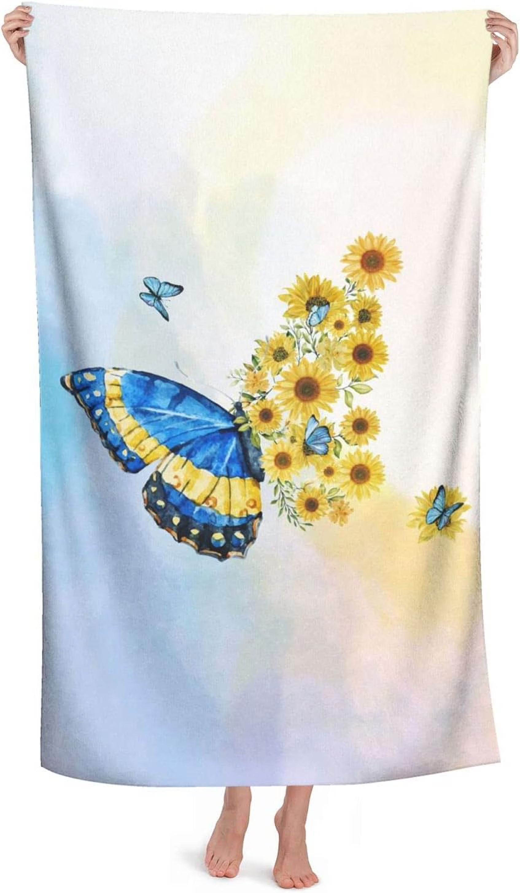 Vintage Watercolor Butterfly Sunflower Towel, 52X32 Absorbent Beach Towel U364514