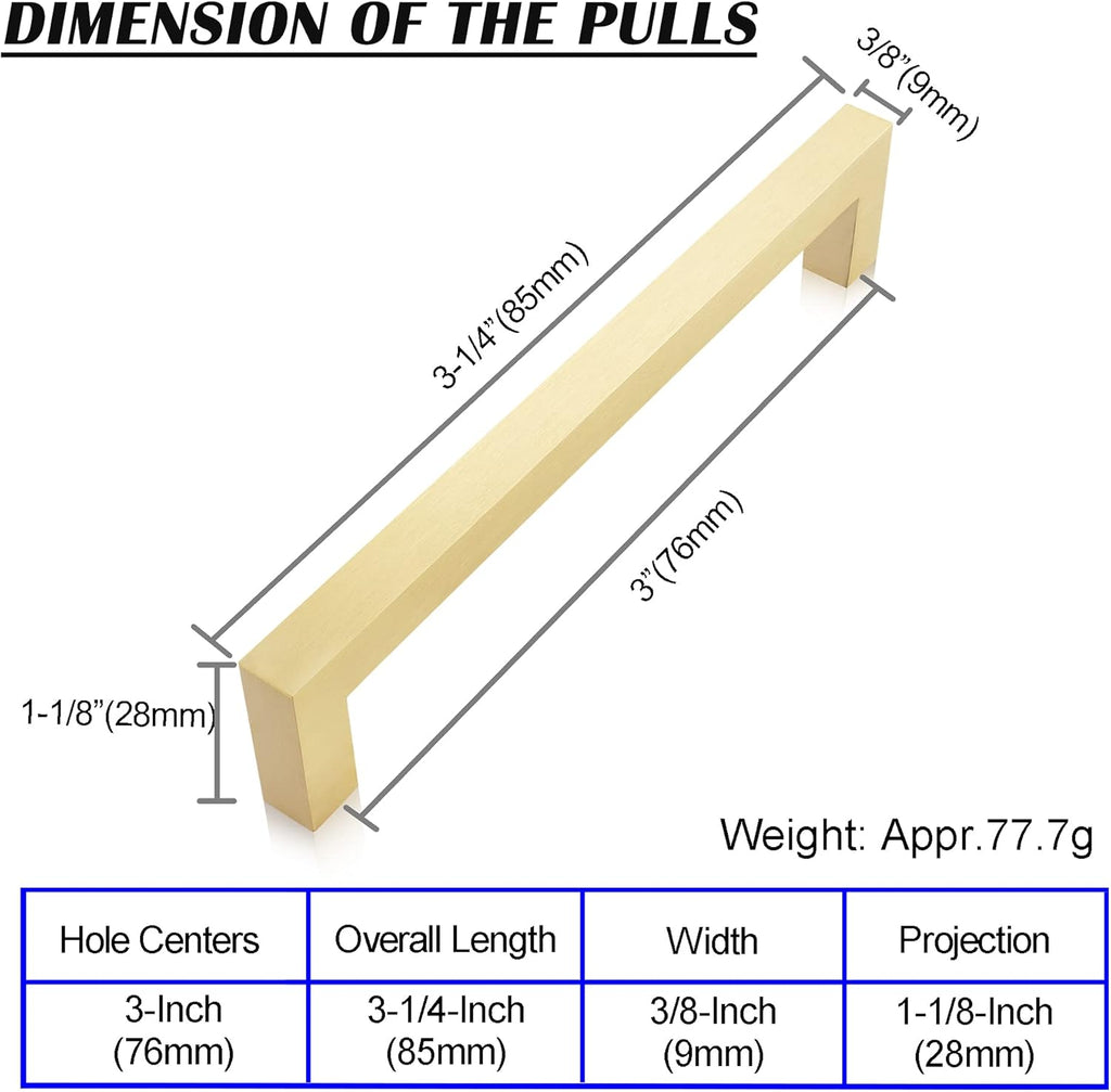 2-Pack Solid Brass Cabinet Handles, Gold Square Bar Cabinet Pulls, 5 Inch Hole Center Q7777