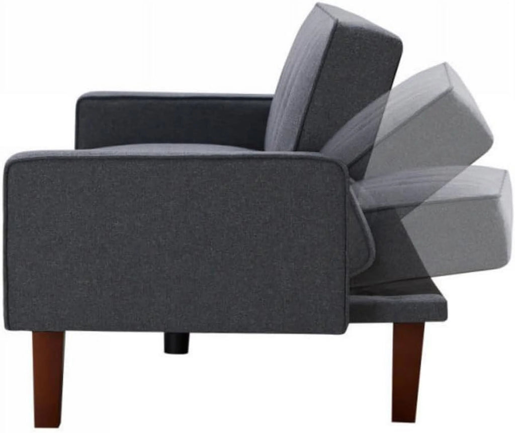Dark Grey 3-Seat Linen Sofa Bed with 4 Solid Wood Legs O75853