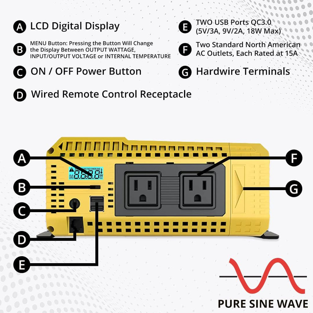 2000 Watt 12V Pure Sine Power Inverter Dual USB & AC Outlets A891