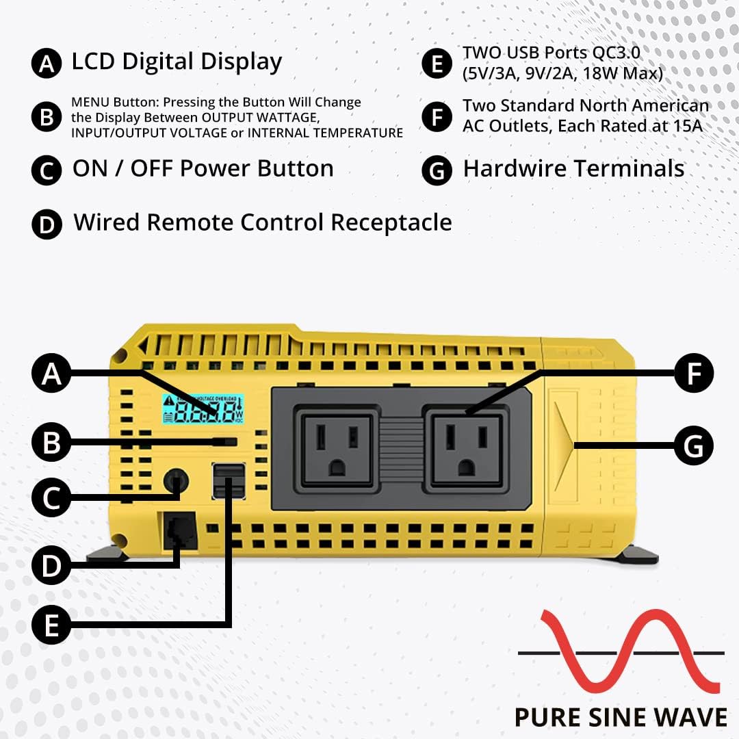 2000 Watt 12V Pure Sine Power Inverter Dual USB & AC Outlets A891