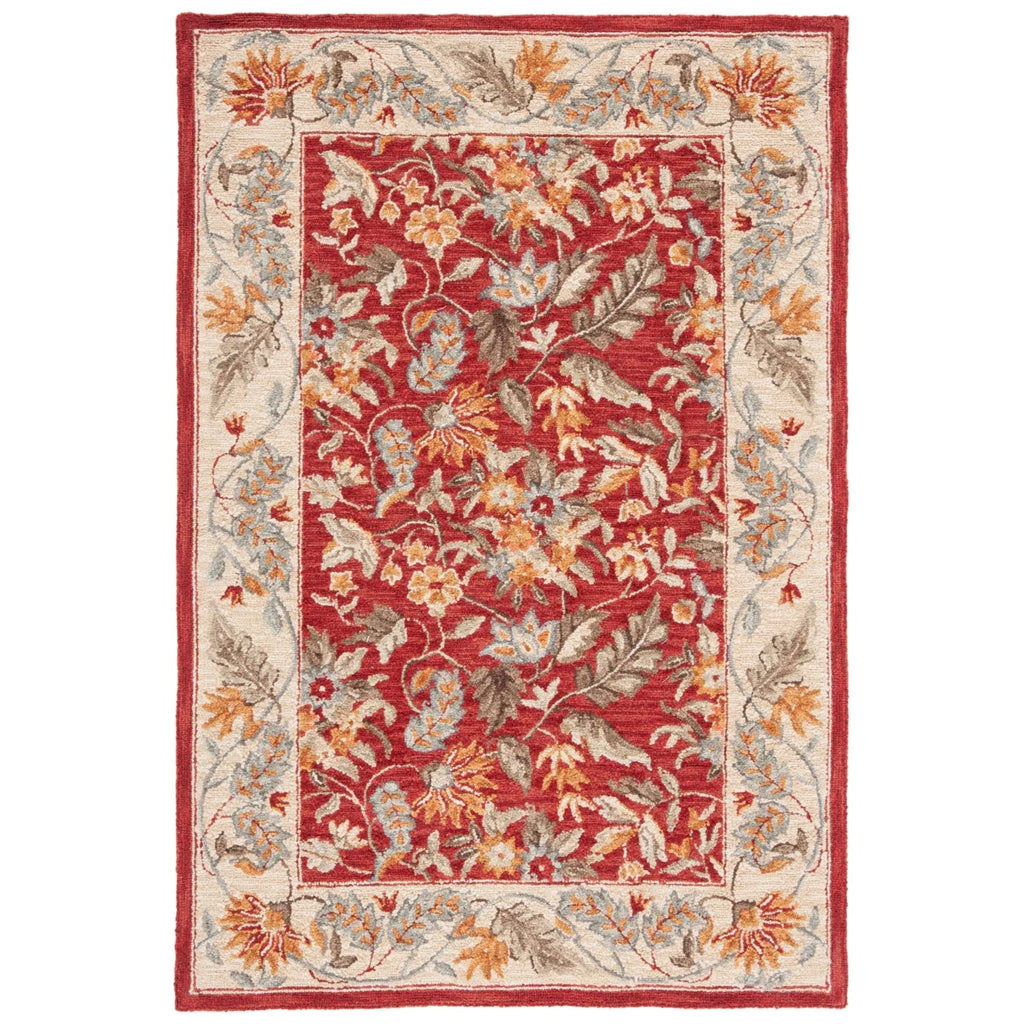 Red Floral Wool Runner Rug B900525