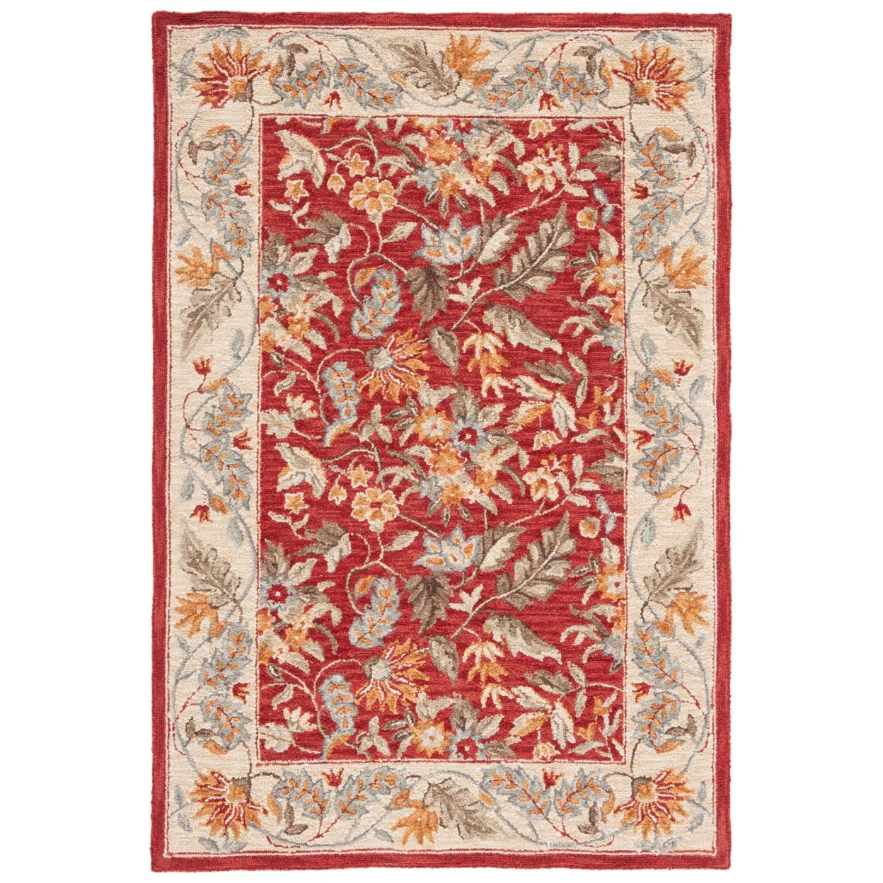 Red Floral Wool Runner Rug B900525