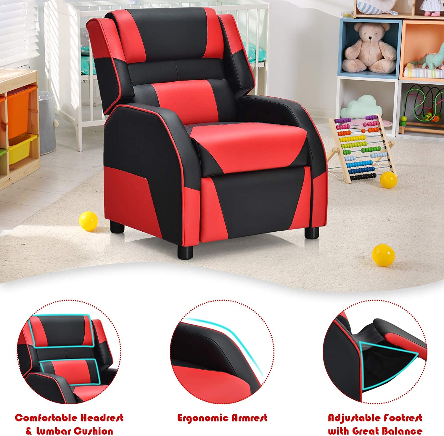 Red Ergonomic Leather Recliner Chair for Children L54729