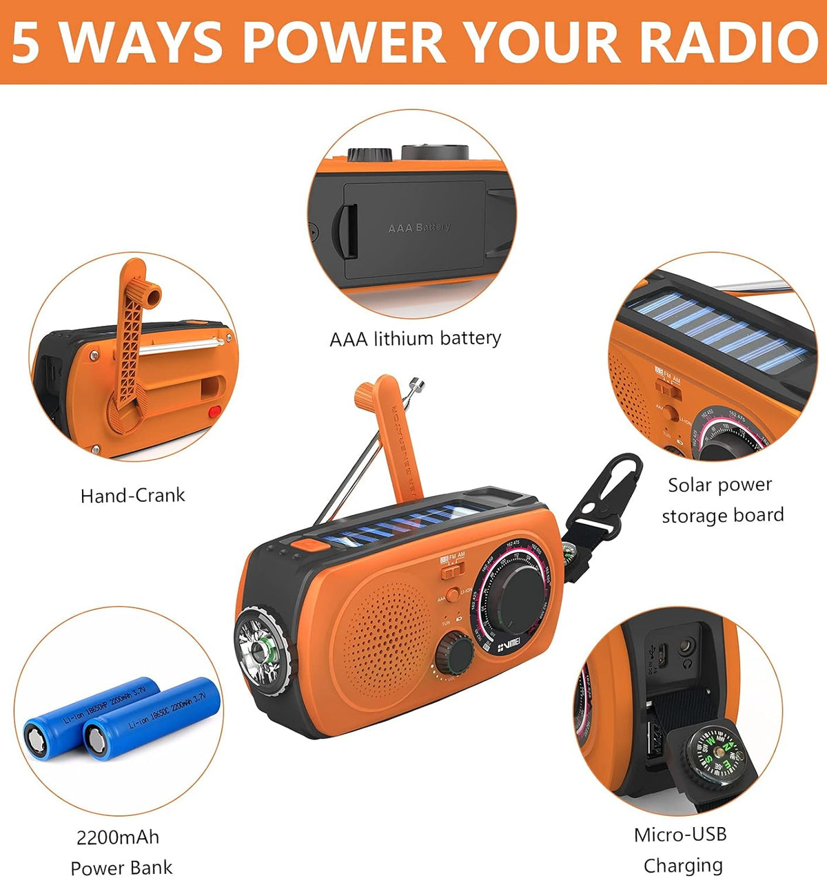 2200mAh Portable Hand Crank Solar Emergency Weather Radio, NOAA/AM/FM, Power Bank, Flashlight, Orange, Pack of 2 Z1463