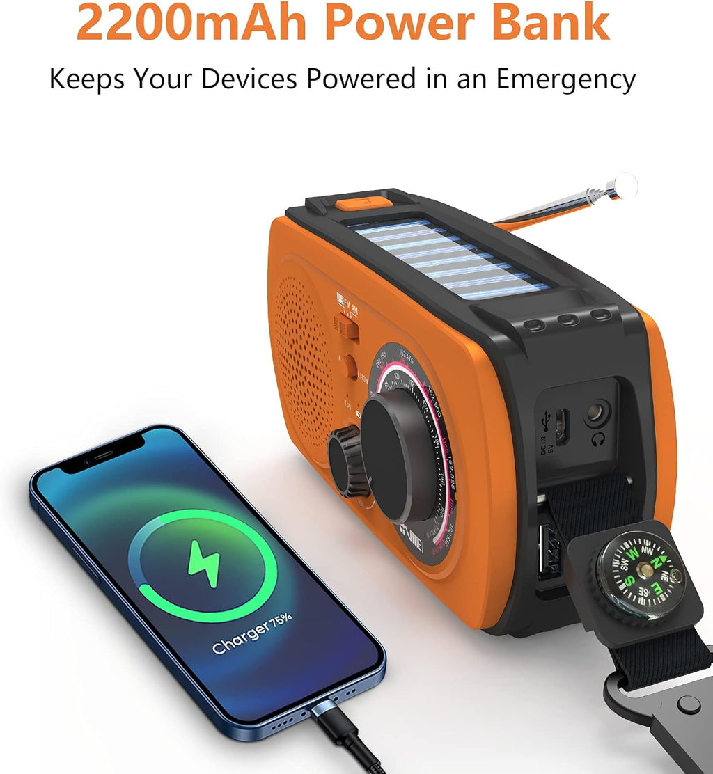 2200mAh Portable Hand Crank Solar Emergency Weather Radio, NOAA/AM/FM, Power Bank, Flashlight, Orange, Pack of 2 Z1463