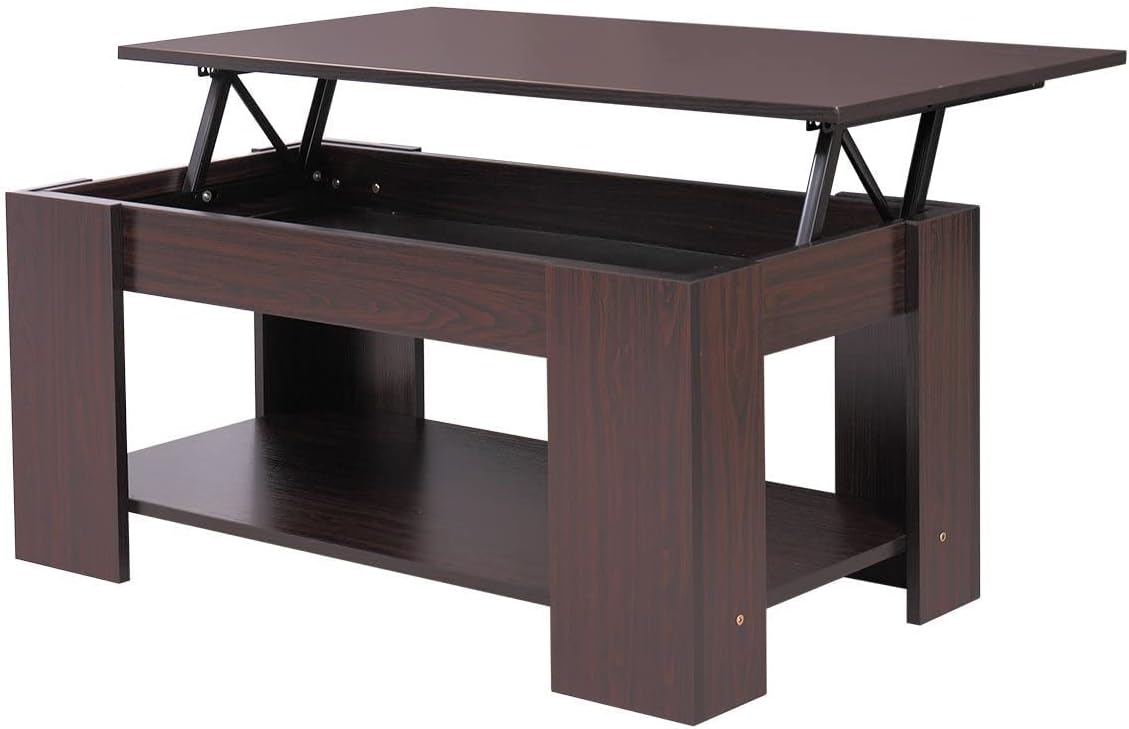 White Wood Lift Up Top Coffee Table with Hidden Compartment and Storage Shelves B95513