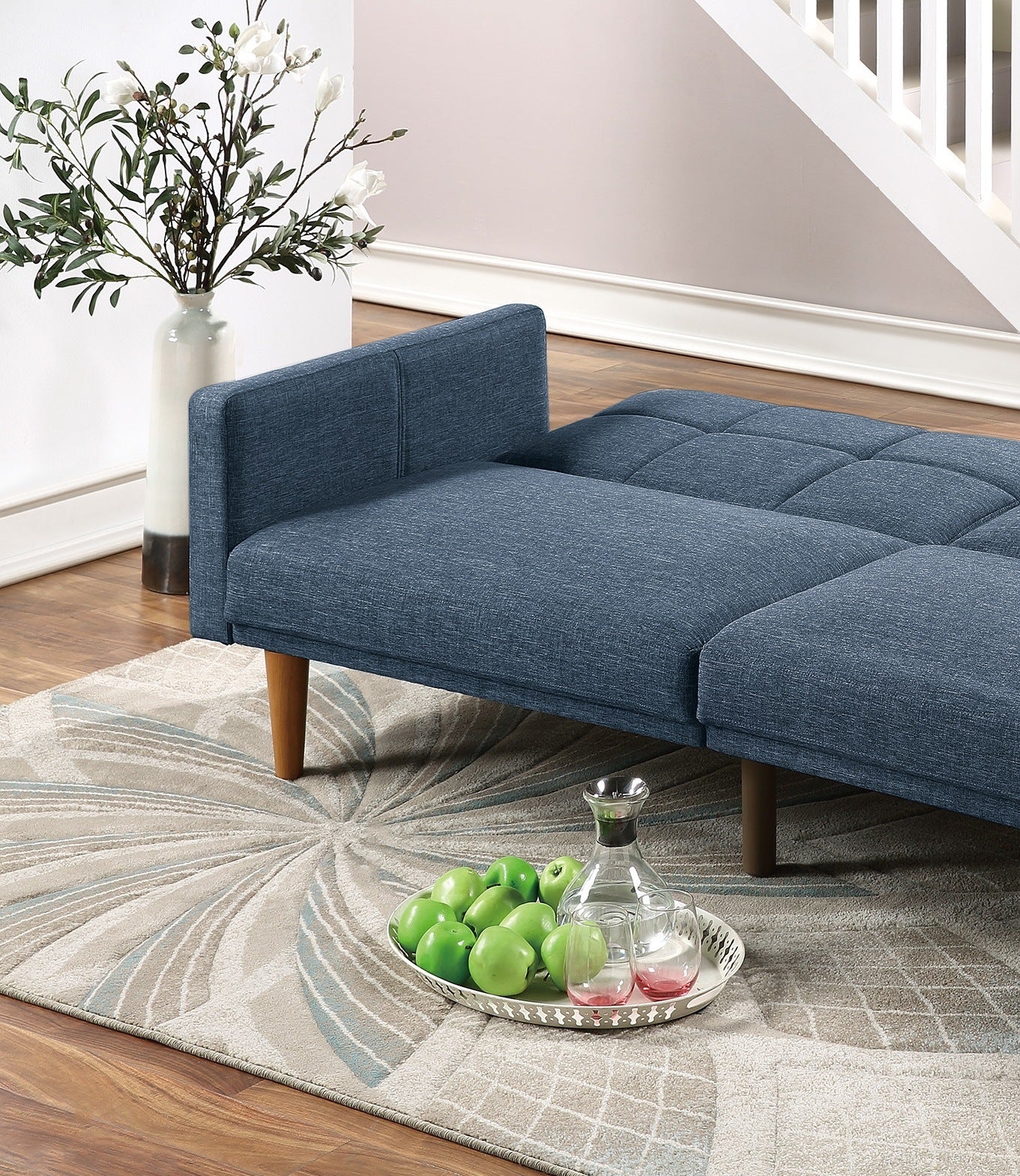 Navy Polyfiber Convertible Sofa Bed with Wooden Legs D99589