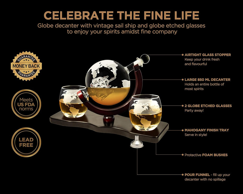 Globe Whiskey Decanter Set with 2 Glasses, 28 oz O9402