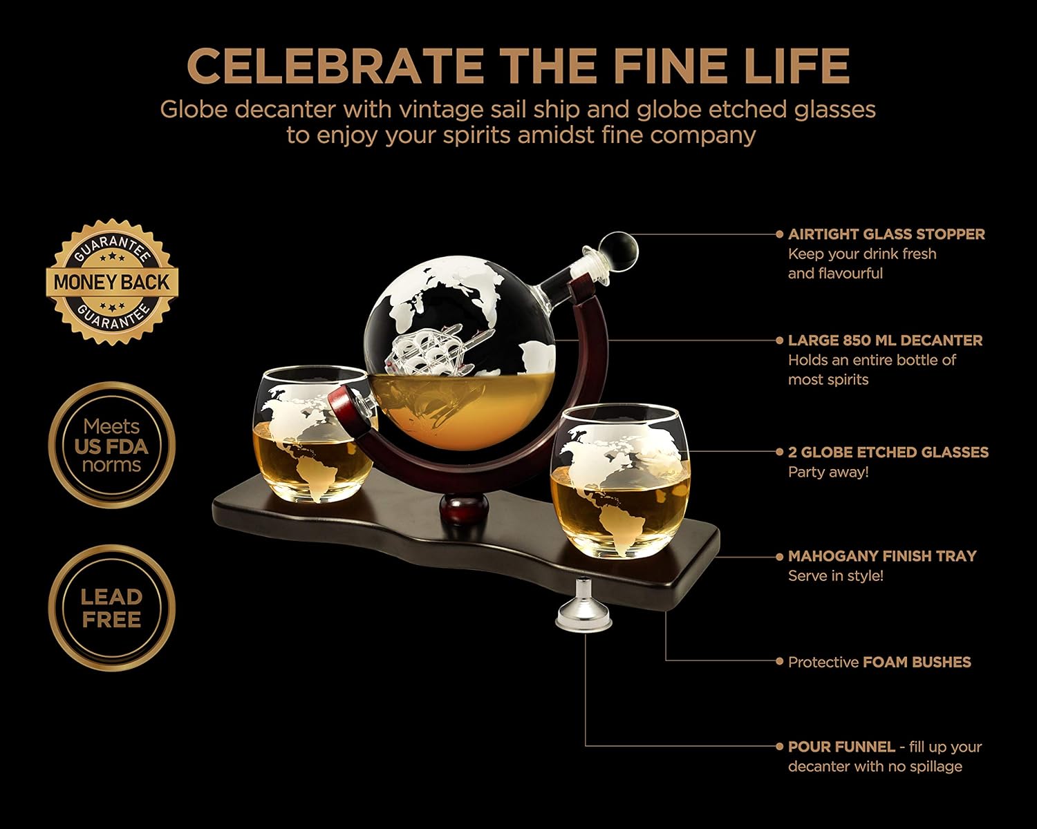 Globe Whiskey Decanter Set with 2 Glasses, 28 oz O9402