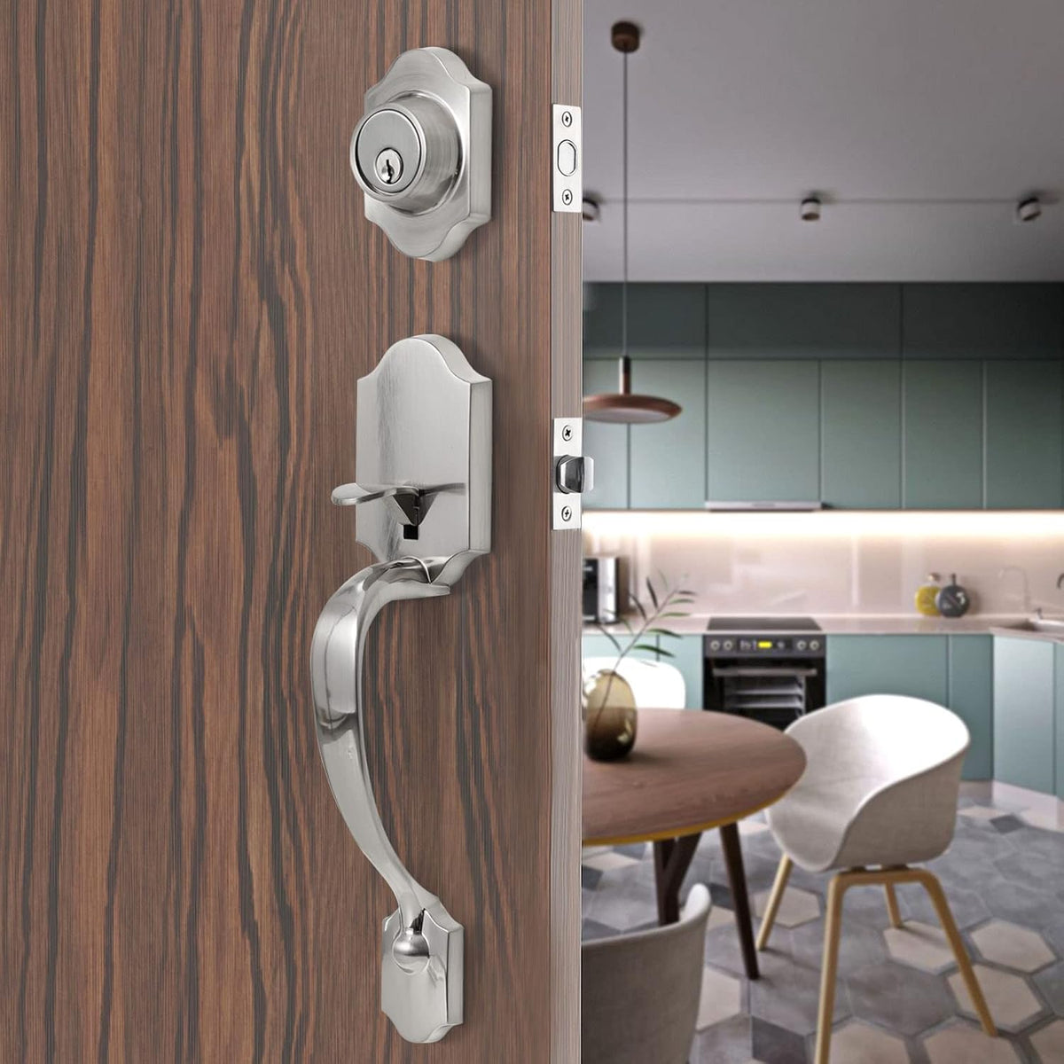 Satin Nickel Double Door Lock Set with Deadbolt and Lever Handle M1114