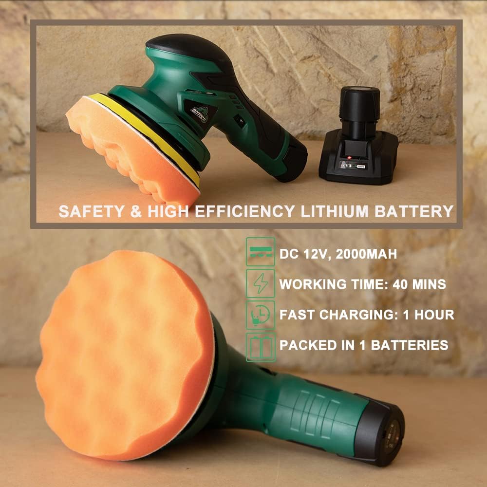 Cordless Car Buffer Polisher with 2pcs 12V Lithium Rechargeable Battery Brushless Polisher with Variable Speed, 2.0Ah Portable Wireless Buffer Kit H808813