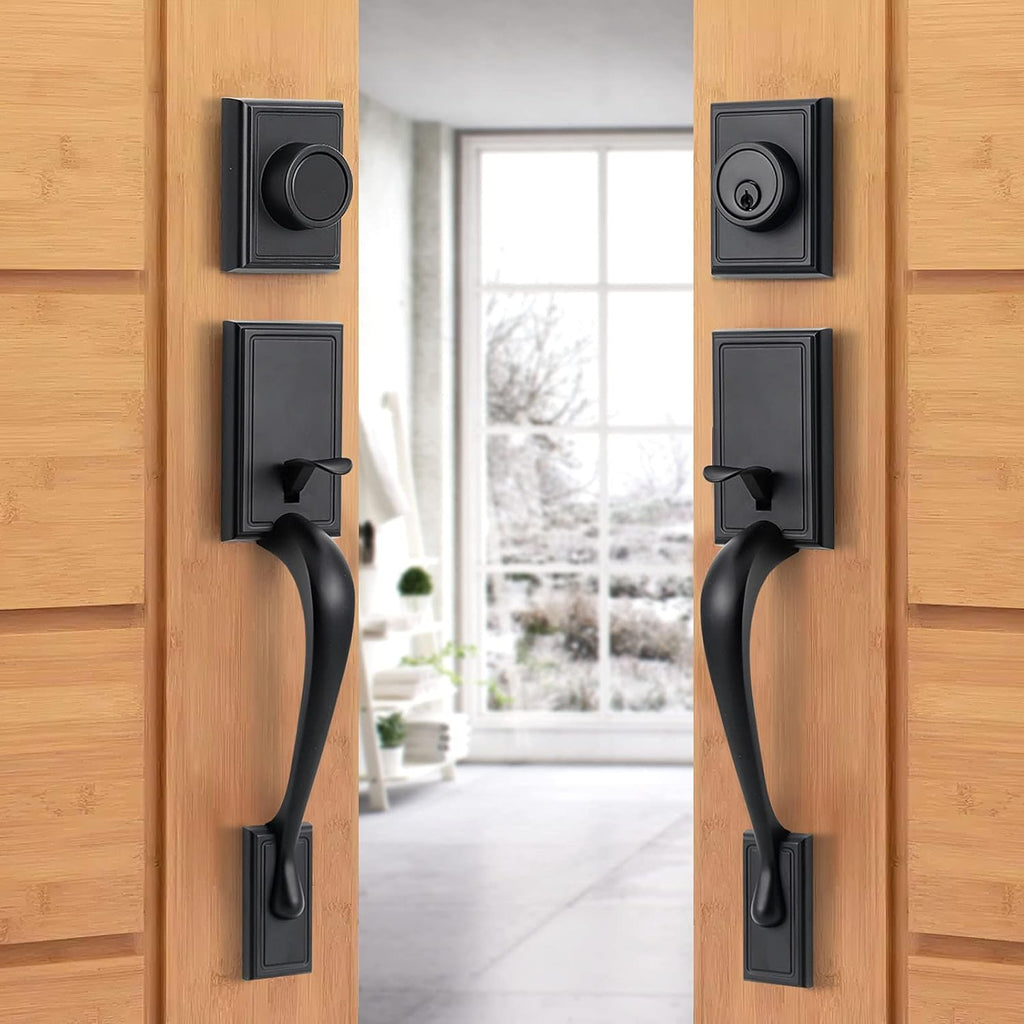 Satin Nickel Double Door Lock Set with Deadbolt and Lever Handle M1114