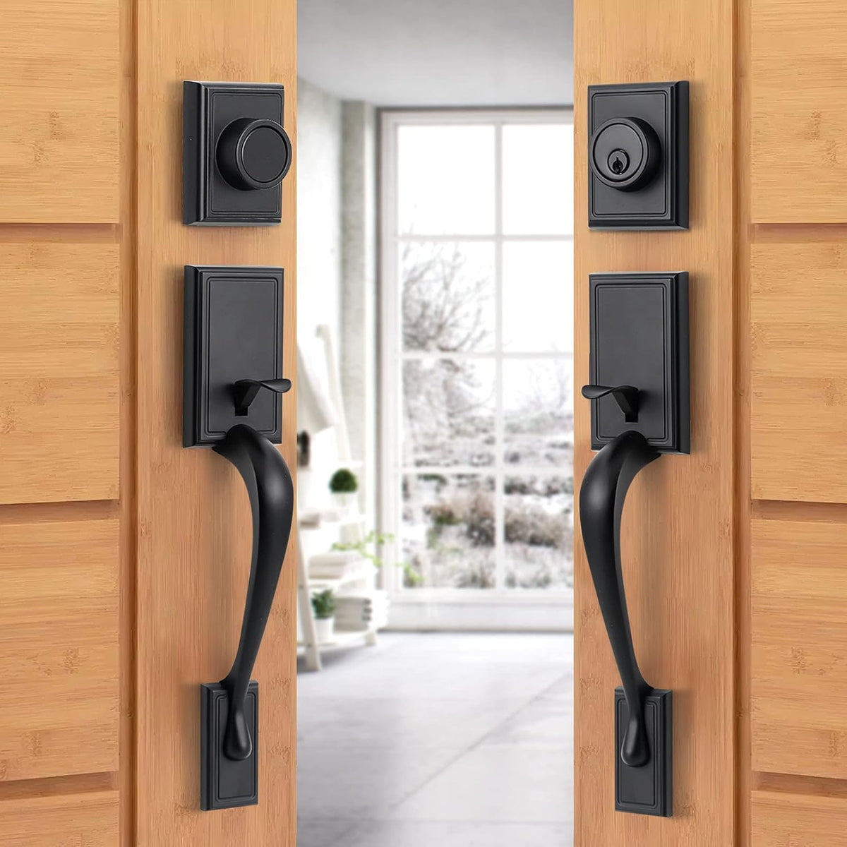 Satin Nickel Double Door Lock Set with Deadbolt and Lever Handle M1114