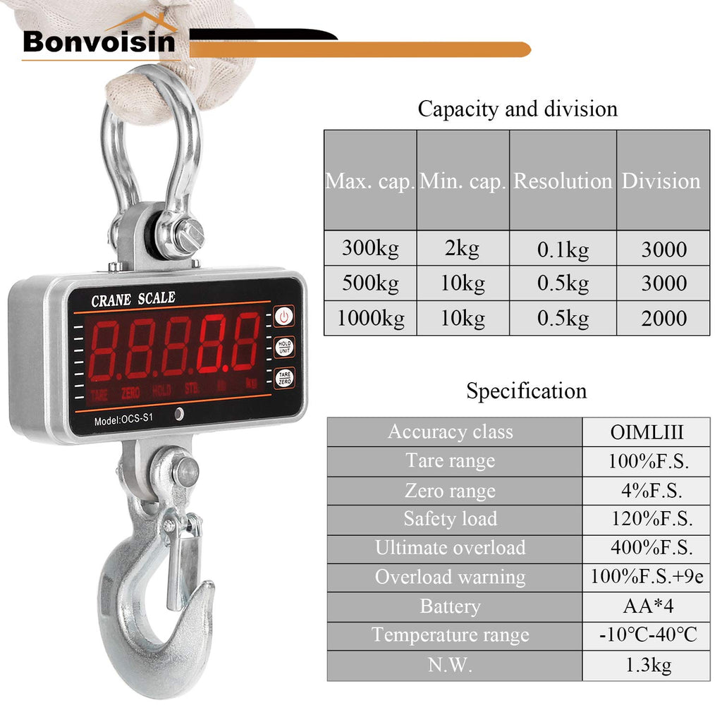 Digital Crane Scale 1000kg/2000lb Heavy Duty Hanging Scale with Remote Control LED Display G1875