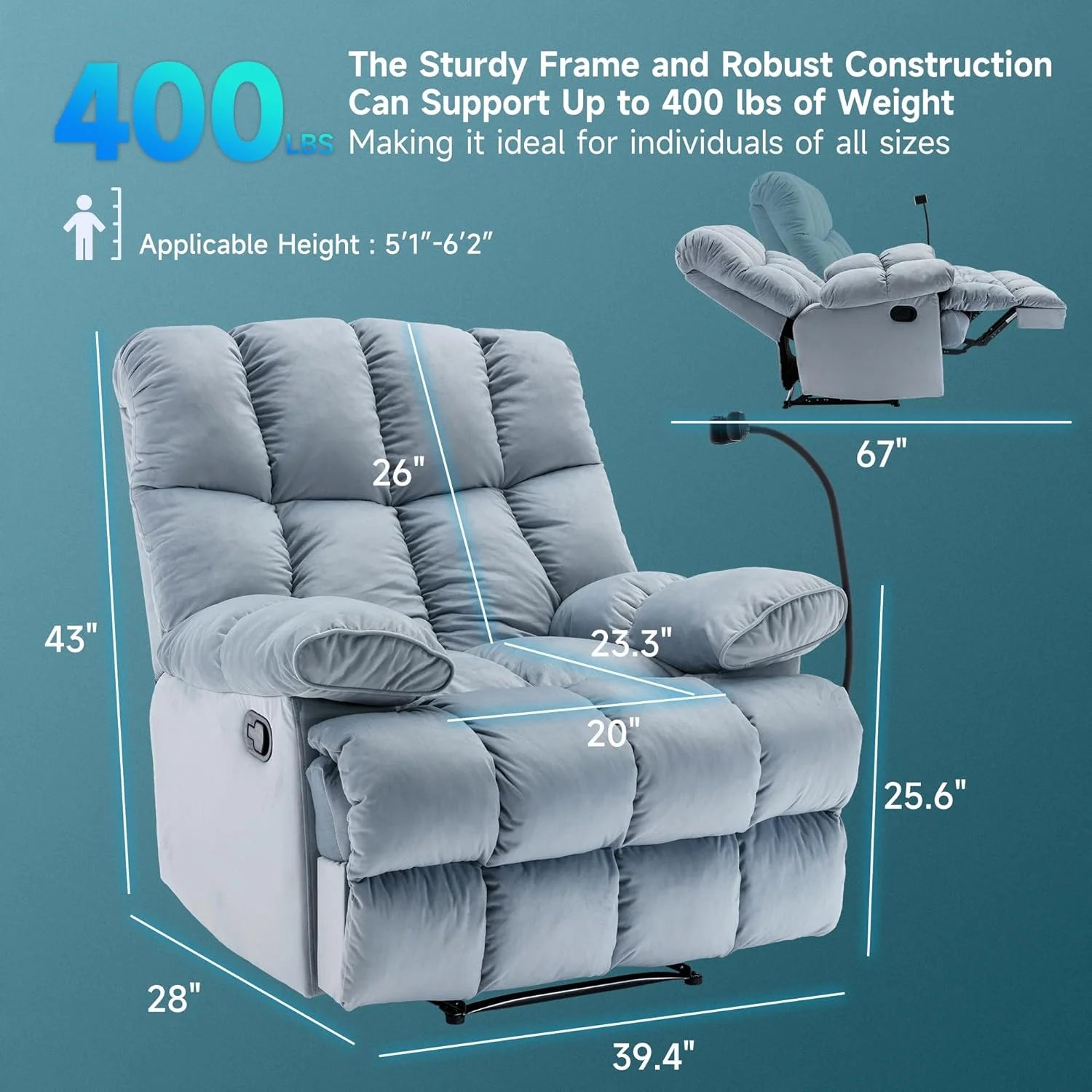 Light Blue Oversized Velvet Recliner Chair K8062