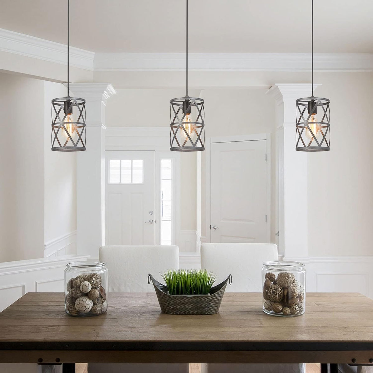 Farmhouse Pendant Lighting, Modern Industrial Cage Light Fixture, Brushed Antique Silver Finish L9903