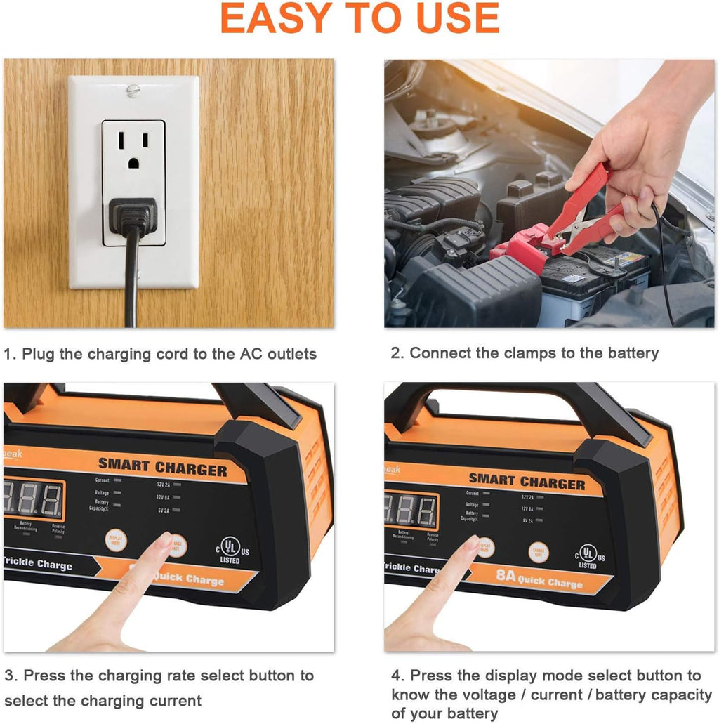 6V 12V Smart Car Battery Charger and Maintainer 2A 8A with Cable Clamps S7182