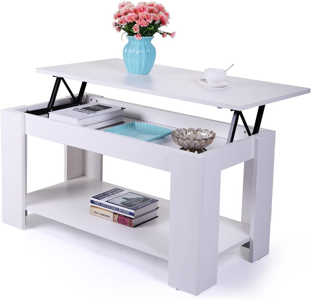 White Wood Lift Up Top Coffee Table with Hidden Compartment and Storage Shelves B95513