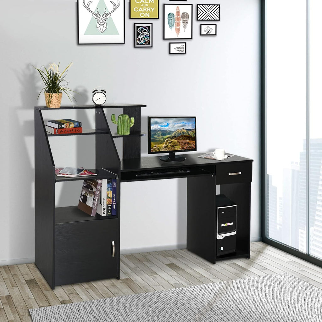 Black Wood Grain Computer Desk with Sliding Keyboard and Storage Shelves O4189